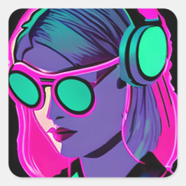 Lady in Headphones Jamming to Music Quadratischer Aufkleber