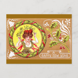 Lady in Holly Wreath Vintages neues Jahr Feiertagspostkarte