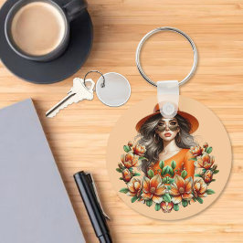 Lady in Orange Derby Hat - Orange Floral Schlüsselanhänger