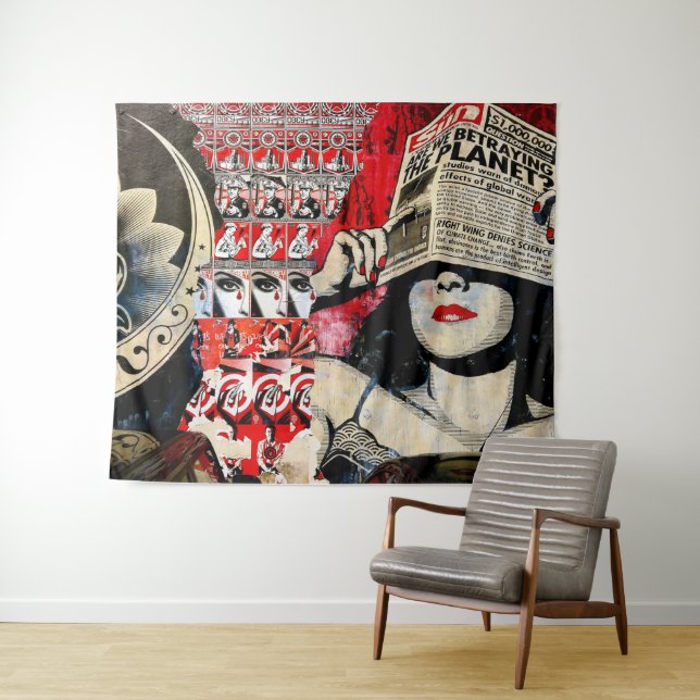 Lady in Red Lipstick Wall Graffiti Wall Tapestry Wandteppich (Beispiel (Horizontal))