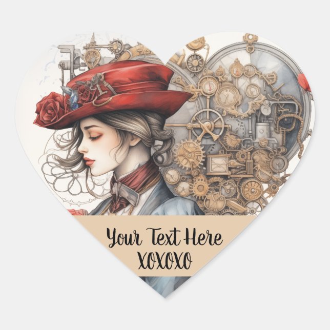 Lady in Red Valentine Kiss steampunk Aquarell Herz-Aufkleber (Vorderseite)