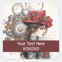 Lady in Red Valentine Kiss steampunk Aquarell