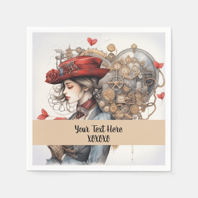 Lady in Red Valentine Kiss steampunk Aquarell Serviette (Vorderseite)