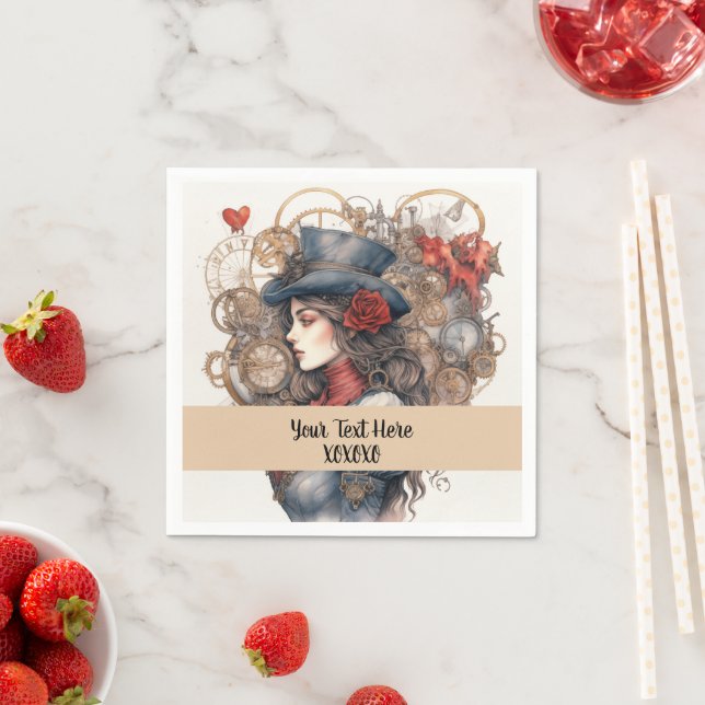 Lady in Red Valentine Kiss steampunk Aquarell Serviette (Beispiel)