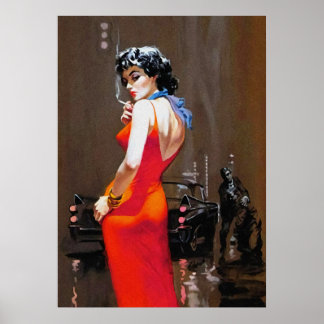 Lady in rotem Kleid Vintage Pulldecke Kunst Poster