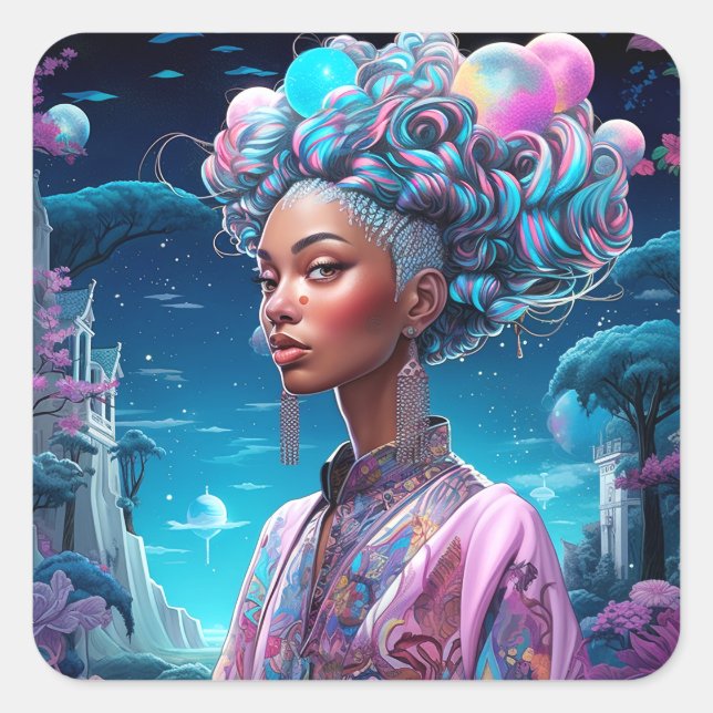 Lady in Surreal World African American Art Lila Quadratischer Aufkleber (Vorderseite)