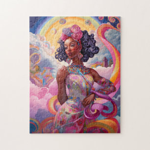 Lady in Surreal World African American Art Pink Puzzle