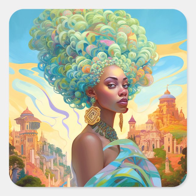 Lady in surreal World African American Art Quadratischer Aufkleber (Vorderseite)