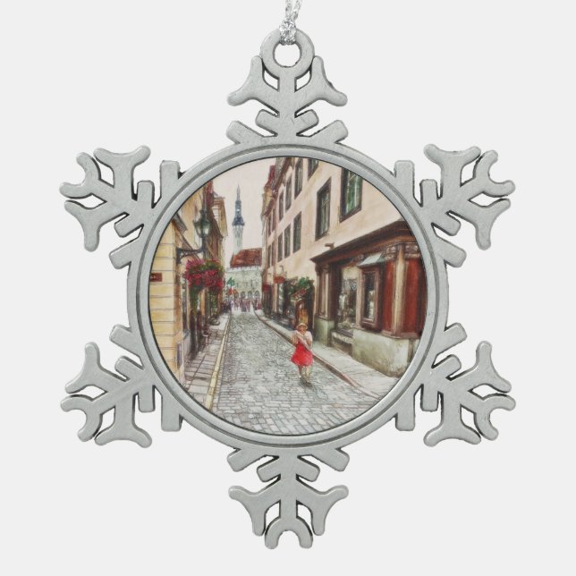 Lady in Tallinn Estland Schneeflocken Zinn-Ornament (Vorderseite)