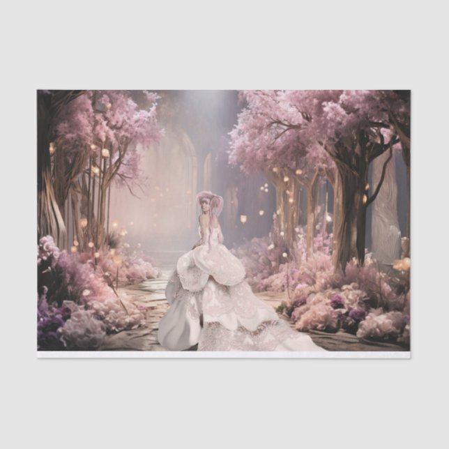 Lady in white, lila Cherry Blossoms Portrait Art Seidenpapier (Vorderseite)