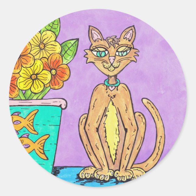 Lady Kitten und Blume Runder Aufkleber (Vorderseite)