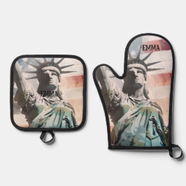 Lady Liberty und der Individuelle Name der amerika Ofenhandschuh & Topflappen-Set