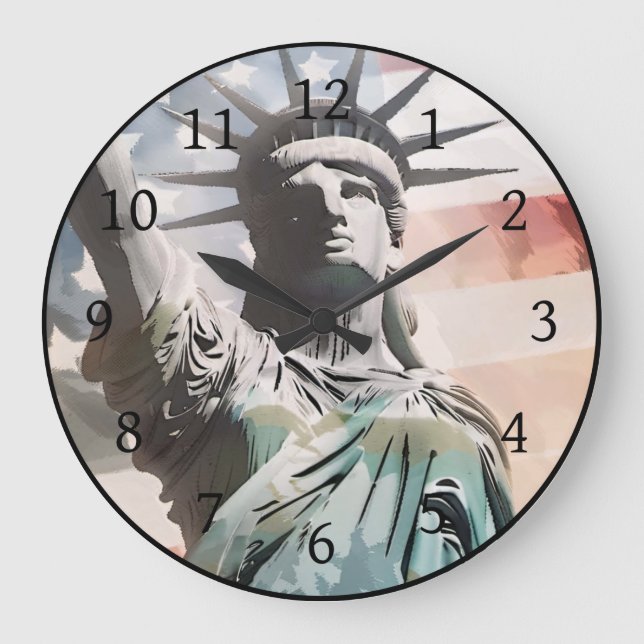 Lady Liberty und die amerikanische Flagge Große Wanduhr (Vorderseite)