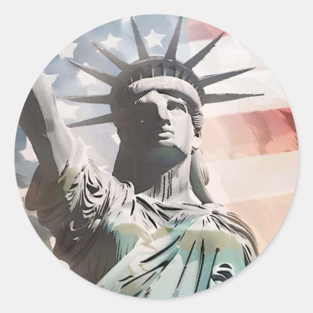 Lady Liberty und die amerikanische Flagge Runder Aufkleber (Vorderseite)