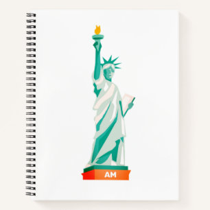 Lady Liberty und Monogramm auf Weiß und Aquamarin Notizbuch