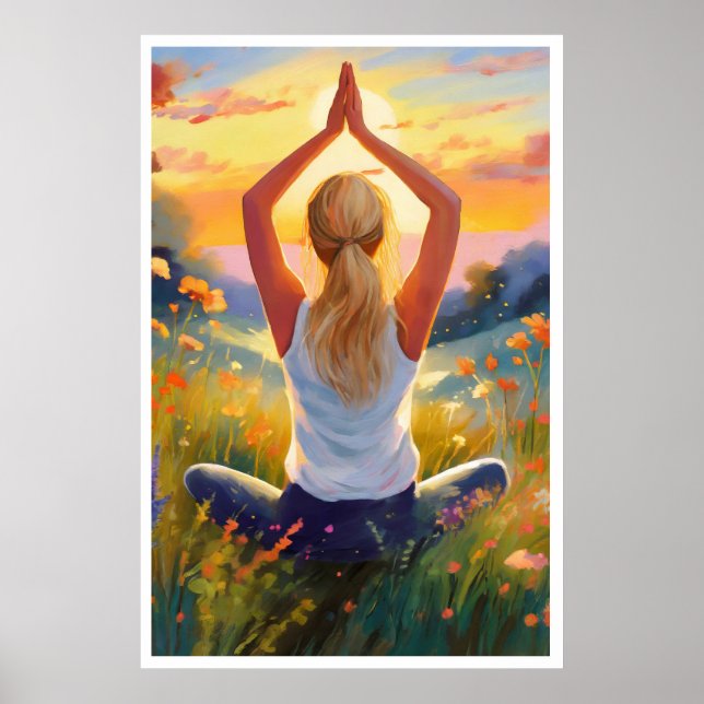 Lady macht Yoga auf einem Feld bei Sonnenuntergang Poster (Vorne)
