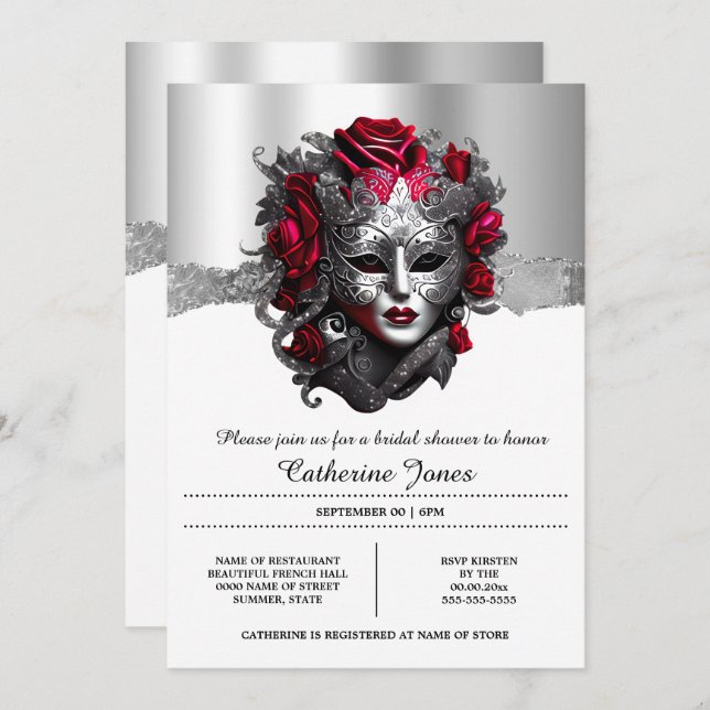 Lady masquerade venezianische Gesichtsmaske silber Einladung (Vorne/Hinten)