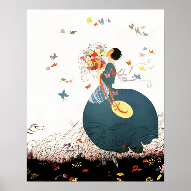 LADY MIT BLUME BOUQUET UND SCHALTFLÄDEN POSTER (Vorne)