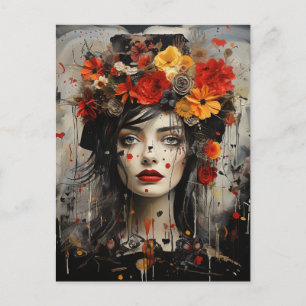 Lady mit Blume in ihrem Haar Grunge Gemälde Postkarte