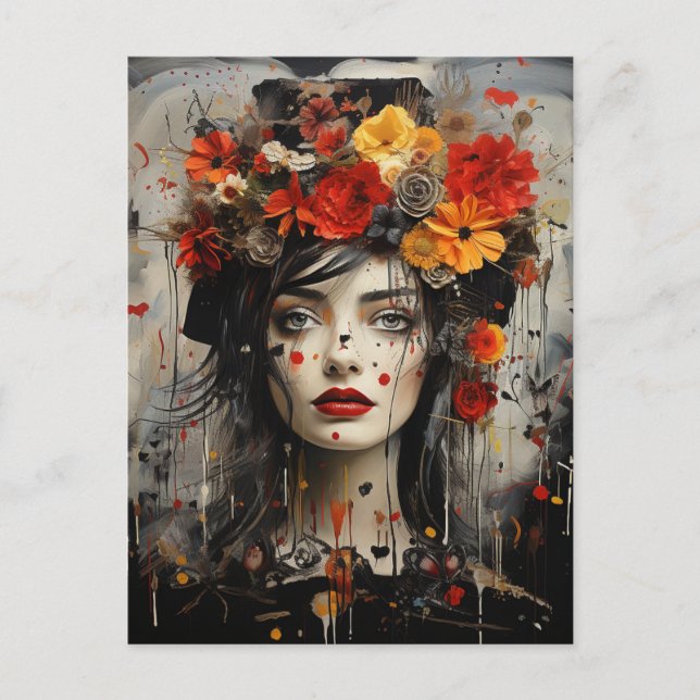 Lady mit Blume in ihrem Haar Grunge Gemälde Postkarte (Vorderseite)