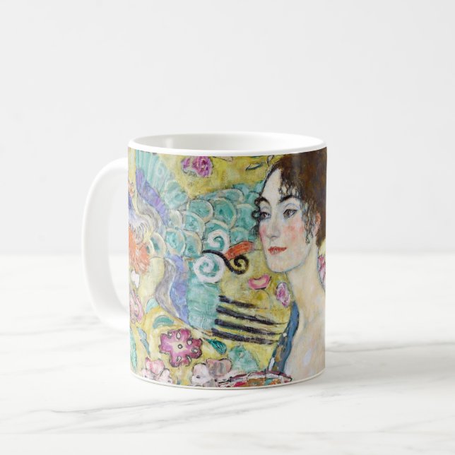 Lady mit einem Fan, Gustav Klimt Kaffeetasse (Vorderseite Links)