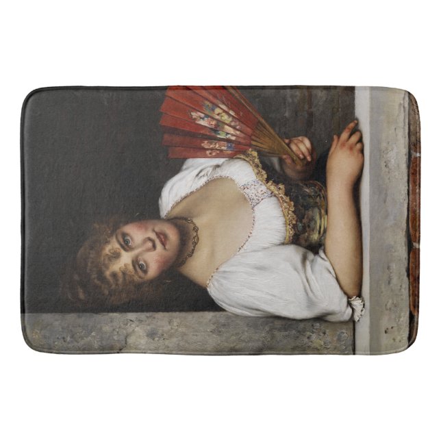 Lady mit einem roten Fan (von Eugene de Blaas) Badematte (Vorderseite)