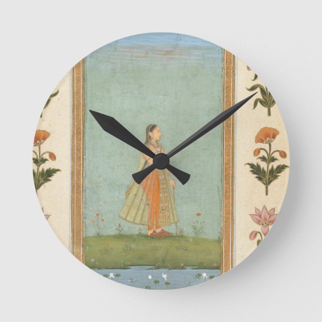 Lady mit einer Blume, stehend von einem Lilienteic Runde Wanduhr (Vorderseite)