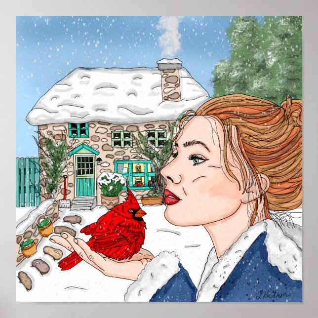 Lady mit Kardinal vor der englischen Hütte Poster (Vorne)