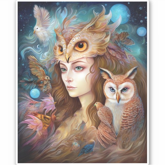 Lady mit Owl Surreal Fantasy Art Aufkleber (Vorderseite)