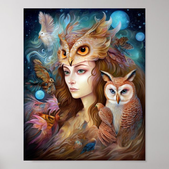 Lady mit Owl Surreal Fantasy Art Poster (Vorne)