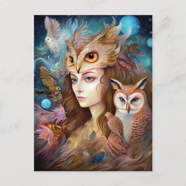 Lady mit Owl Surreal Fantasy Art Postkarte (Vorderseite)