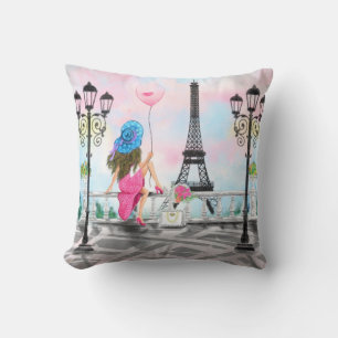 Lady mit Pink Balloon Pillow - I Liebe Paris Kissen
