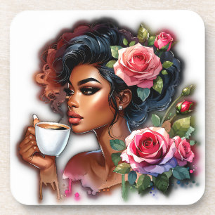 Lady mit rosa Rosen, die Kaffee geniessen Getränkeuntersetzer