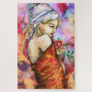 Lady mit Rose - Abstrakte Original-Malerei der Fra Puzzle