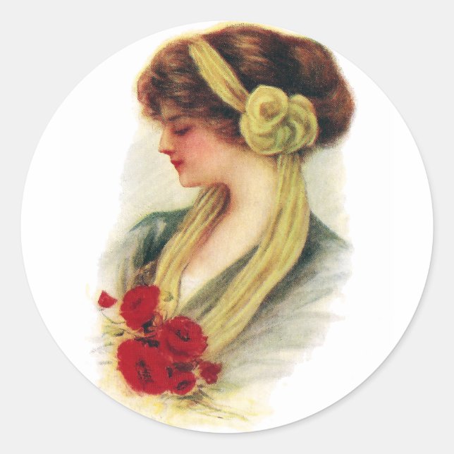 Lady mit Rose Runder Aufkleber (Vorderseite)