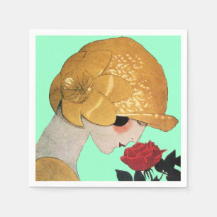 LADY MIT ROTE ROSE, Aquamarin Türkis Serviette