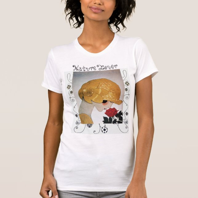LADY MIT ROTE ROSE, GEOMETRISCHE WIRBEL NATUR LOVE T-Shirt (Vorderseite)