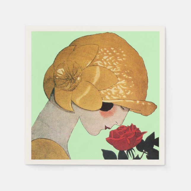 LADY MIT ROTE ROSE ,Green Serviette (Vorderseite)