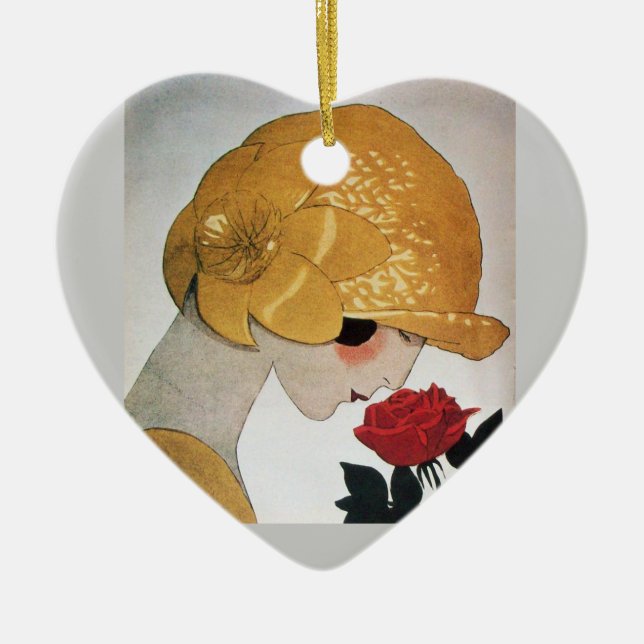 LADY MIT ROTE ROSE HERZ KERAMIK ORNAMENT (Vorne)