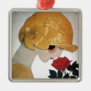 LADY MIT ROTE ROSE ORNAMENT AUS METALL
