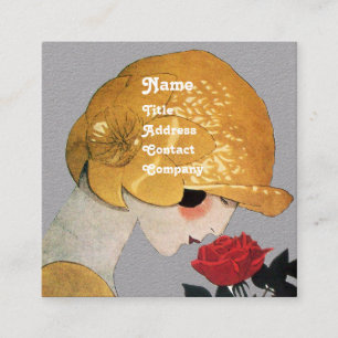 LADY MIT ROTE ROSE SCHAUTY FASHION COSTUME Grau Quadratische Visitenkarte