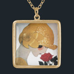 LADY MIT ROTE ROSE VERGOLDETE KETTE<br><div class="desc">Lebhafte,  klassische französische Art Deco High Mode Illustration. Porträt einer wunderschönen jungen Frau,  die einen goldenen Hut mit Blume trägt,  Schwarz-weiße,  gelbe,  graue Farben. Cooles,  modernes und künstlerisches Design.</div>
