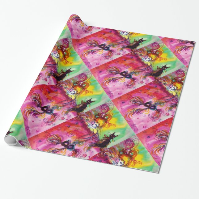 LADY MIT SCHWARZEM KATZ- UND MASK-MASK-Party Geschenkpapier (Ungerollt)