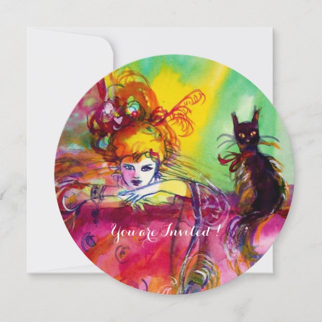 LADY MIT SCHWARZEM KATZE/Mardi Gras Masquerade Par Einladung (Vorderseite)