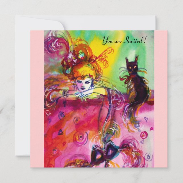 LADY MIT SCHWARZEM KATZE/Mardi Gras Masquerade Par Einladung (Vorderseite)