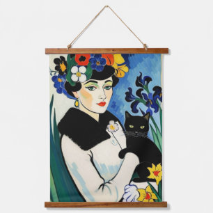 Lady mit schwarzer Katze Wandteppich Mit Holzrahmen