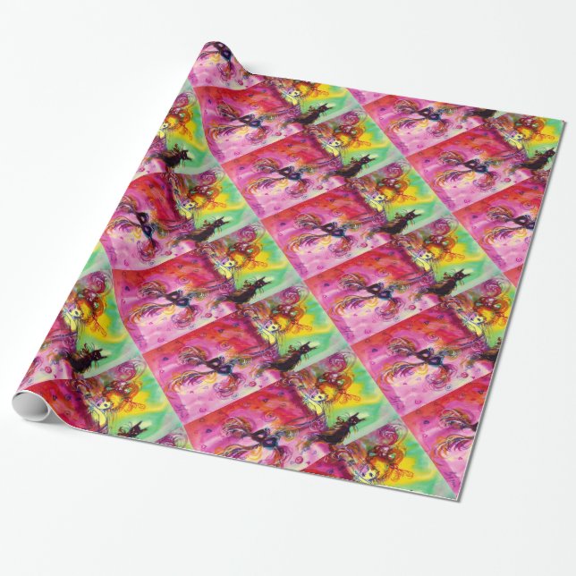 LADY MIT SCHWARZKATZE / Venezianischer Maskerade Geschenkpapier (Ungerollt)