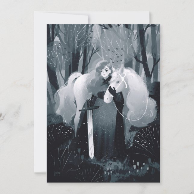 Lady mit Schwert und Weiß Pferd Schwarz und Weiß Einladung (Vorderseite)