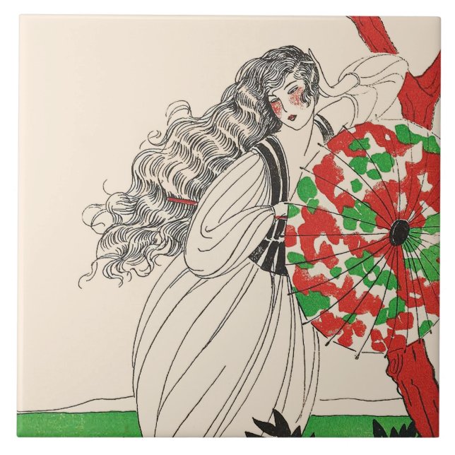 LADY MIT UMBRELLA Art Deco Schöne Mode Fliese (Vorderseite)