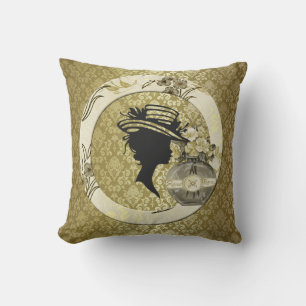 Lady mit Vintagem Rahmen und Blume Gold Damask Kissen